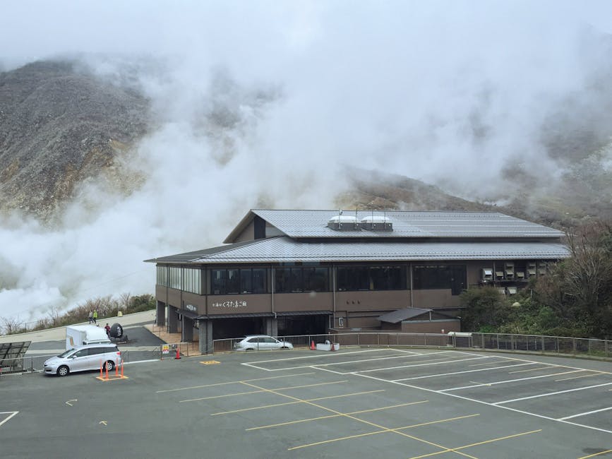 Building surrounded by misty mountains in Hakone Japan