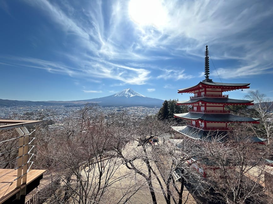 Chureito Pagoda five-story red pagoda with Mount Fuji visible behind it