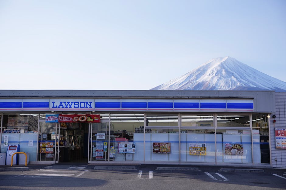 Lawson convenience store in Yamanashi with Mount Fuji visible behind it