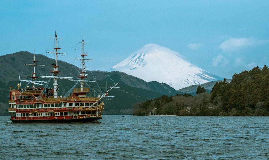 Pirate ship sightseeing cruise on Lake Ashi in Hakone with Mount Fuji in the background