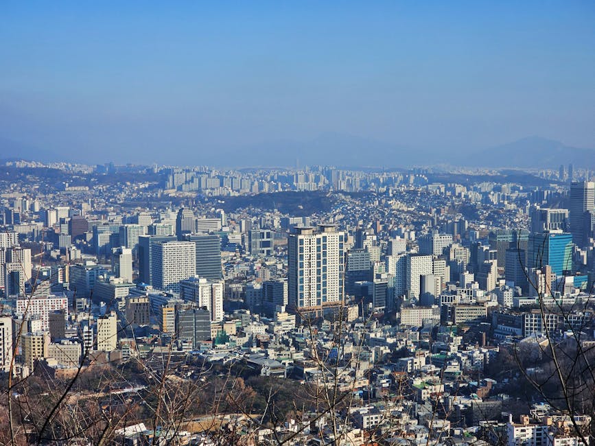 Aerial skyline of Seoul showing dense skyscrapers