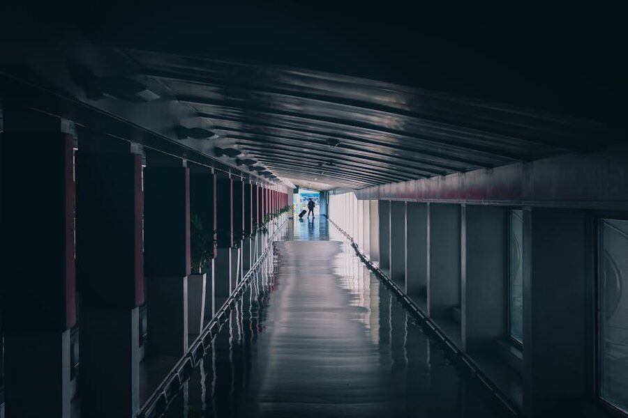 Moody empty corridor in Seoul with symmetrical lighting