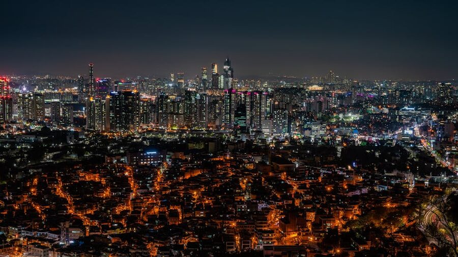 Seoul night cityscape with illuminated skyscrapers