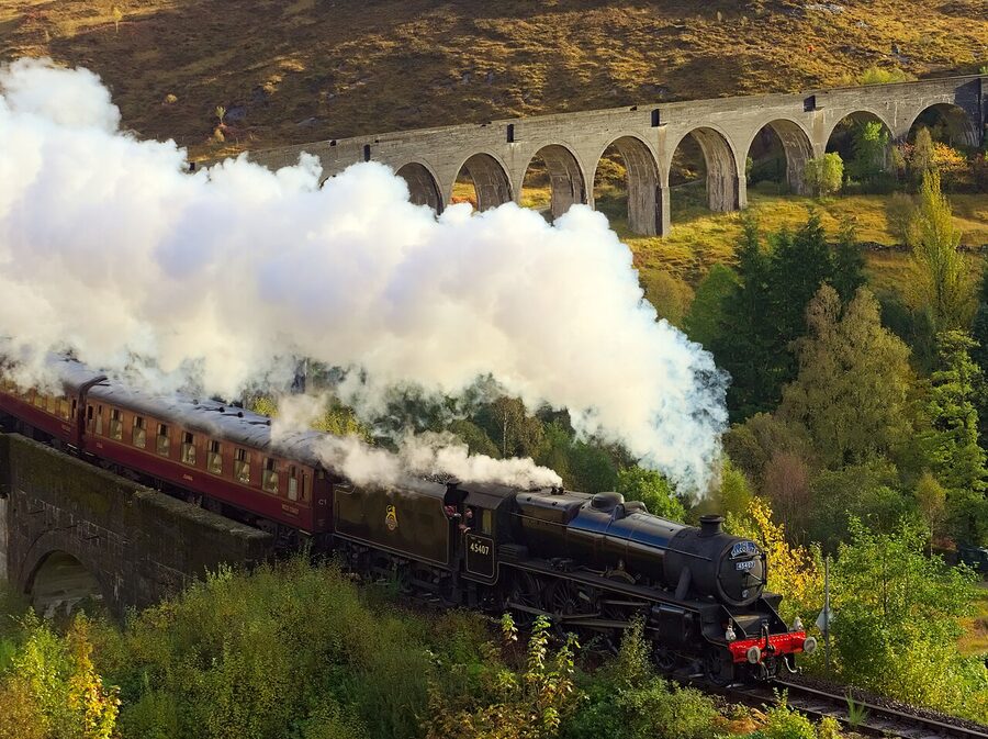 Jacobite steam train on Glenfinnan Viaduct October 2021