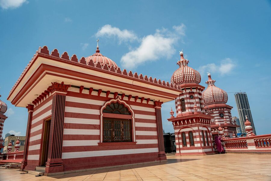 Red and white candy-striped Jami Ul-Alfar Mosque in Colombo Pettah district