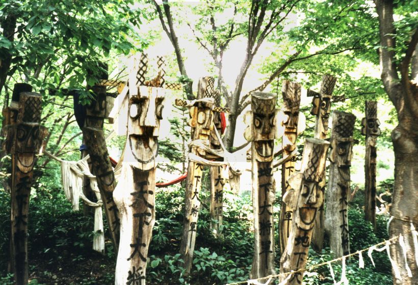Jangseung wooden spirit totems at Korean Folk Village