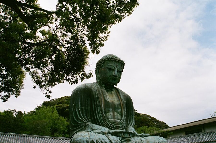 Japanese temple garden with traditional architecture