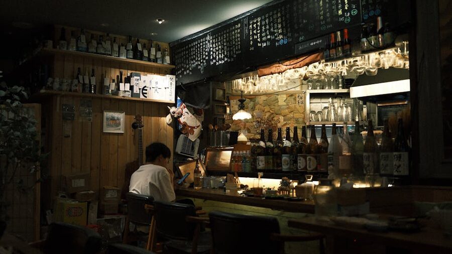 Cozy Japanese bar interior with dim lighting and wooden decor