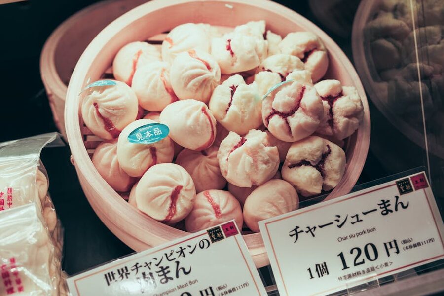 Japanese char siu pork buns in bamboo steamer