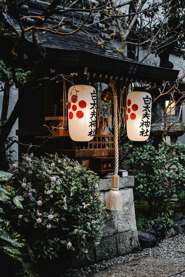 Serene Japanese shrine garden with traditional hanging lanterns in Tokyo