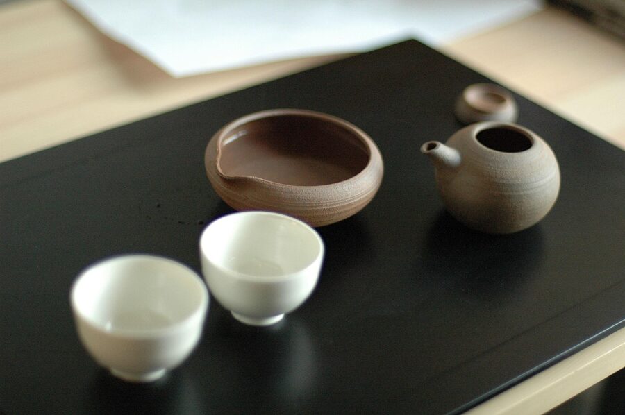 Japanese gyokuro tea in zen wabi-sabi style setup