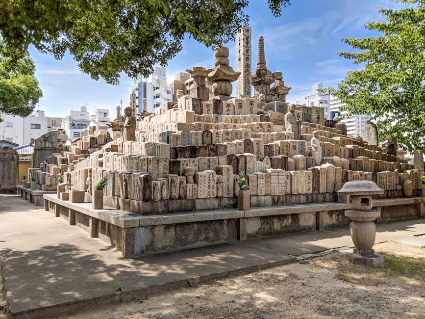 Japanese temple cemetery with gravestones