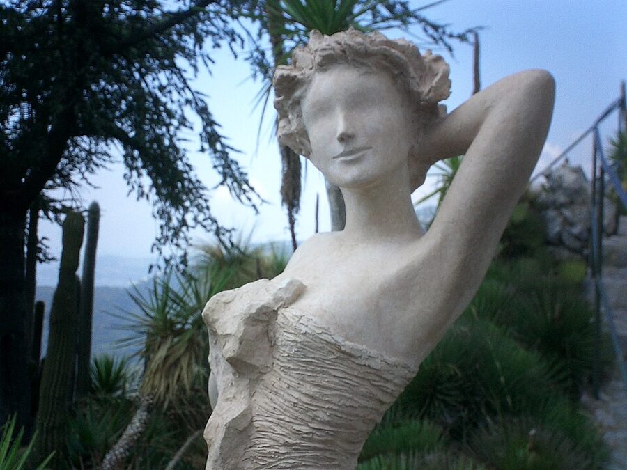 Cacti and succulents at Jardin Exotique d'Eze with Mediterranean Sea below