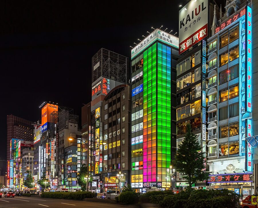 Kabukicho illuminated building facades at night