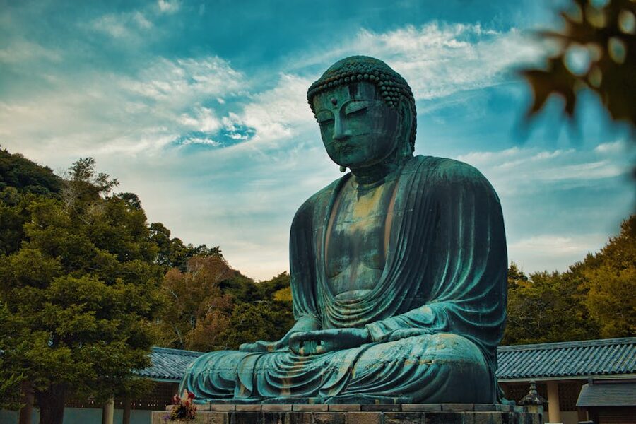 Kamakura temple surrounded by autumn foliage Japan