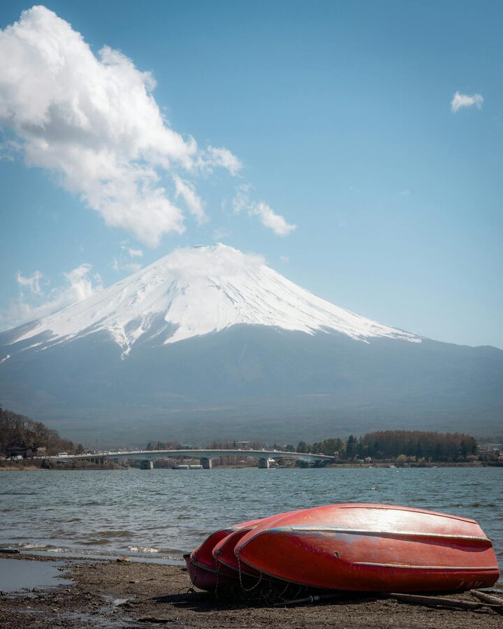 Kawaguchiko town buildings with Mount Fuji