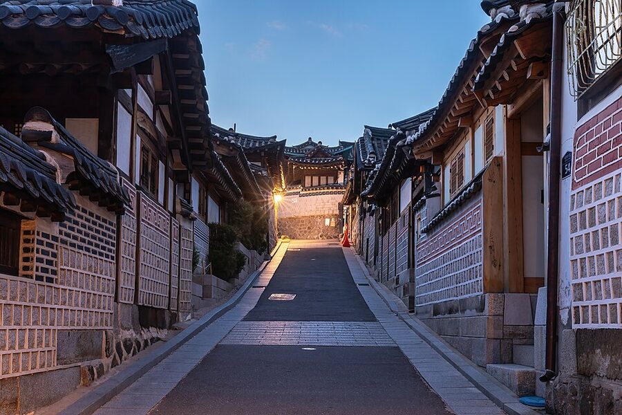 Bukchon Hanok Village blue hour street in Seoul