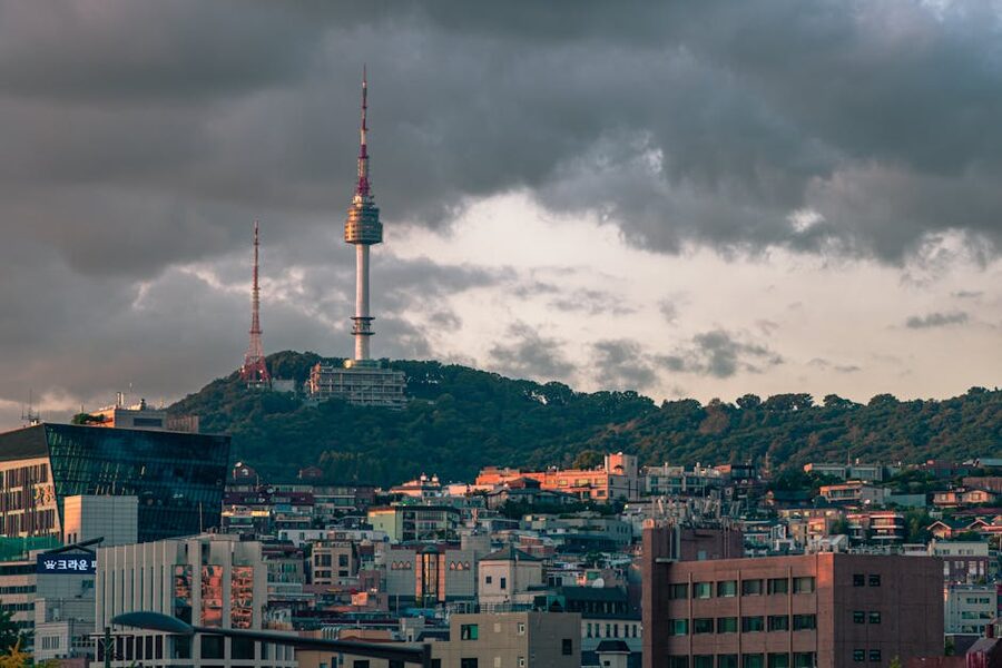 Namsan Tower above Seoul skyline with buildings