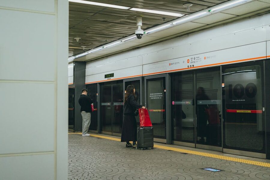 Seoul metro platform during cherry blossom season