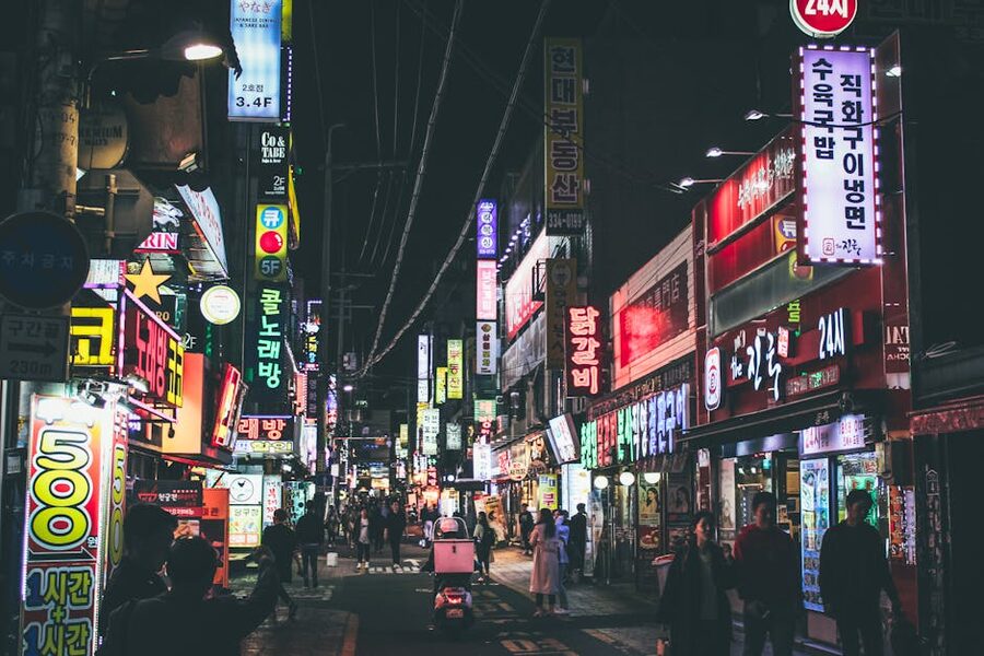 Seoul street at night with neon signs