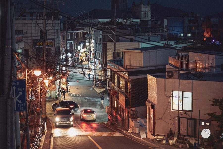 Seoul street at dusk during sunset