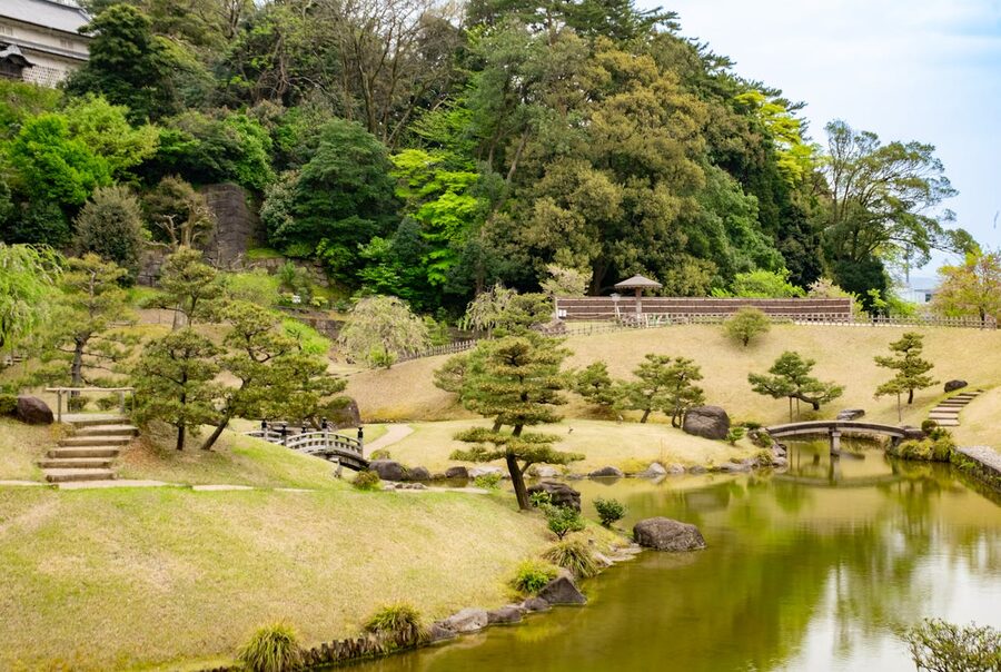 Kenrokuen Garden pine trees reflected in water