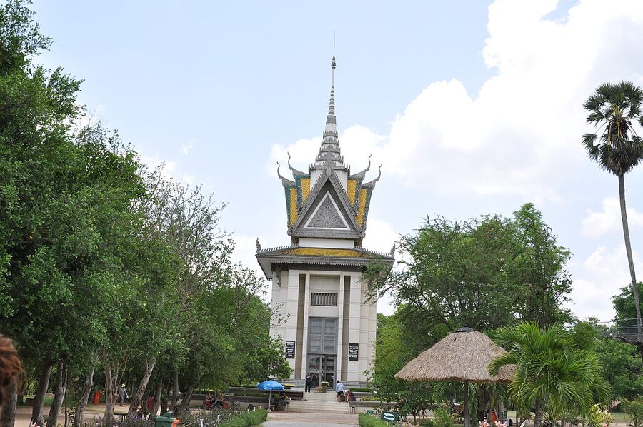Skulls memorial stupa Choeung Ek Cambodia