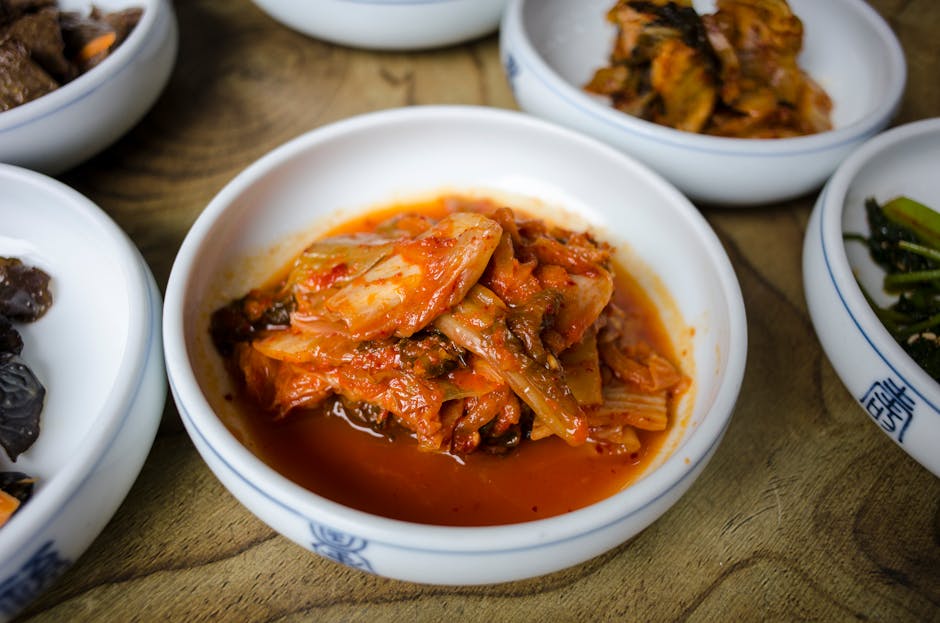 Fermented kimchi on traditional ceramic plate