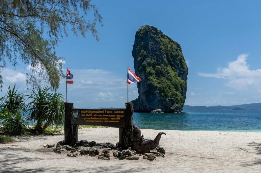 Beautiful beach at Koh Poda island with iconic limestone rock formation