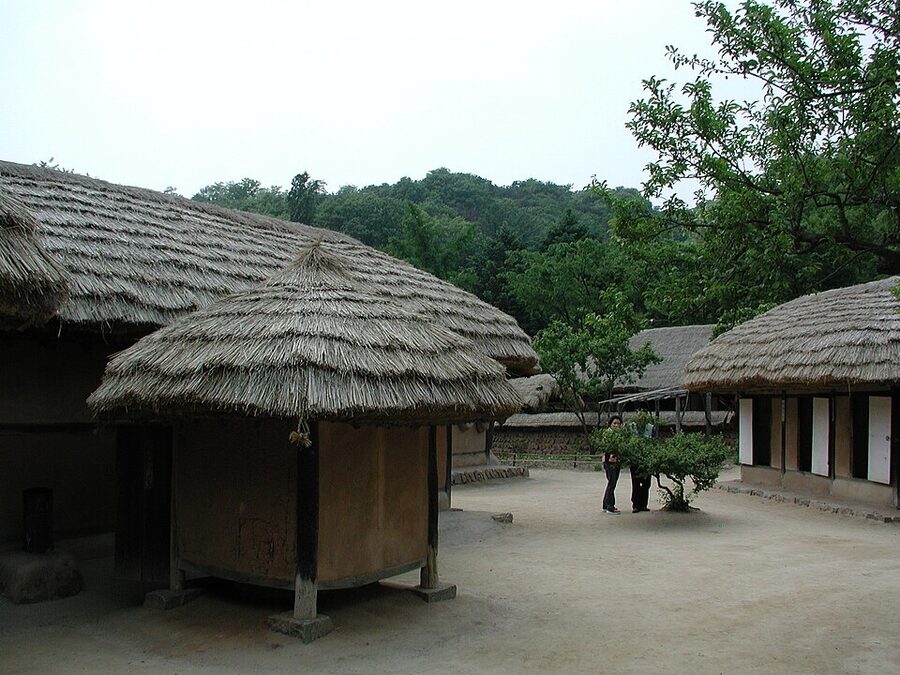 Courtyard at Korean Folk Village with hanok houses