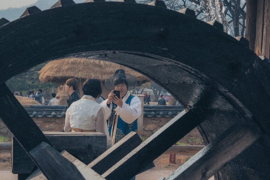 Visitors in hanbok at the Korean Folk Village