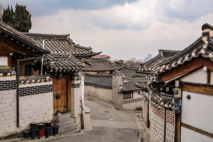 Bukchon hanok house with traditional wooden structure and tiled roof