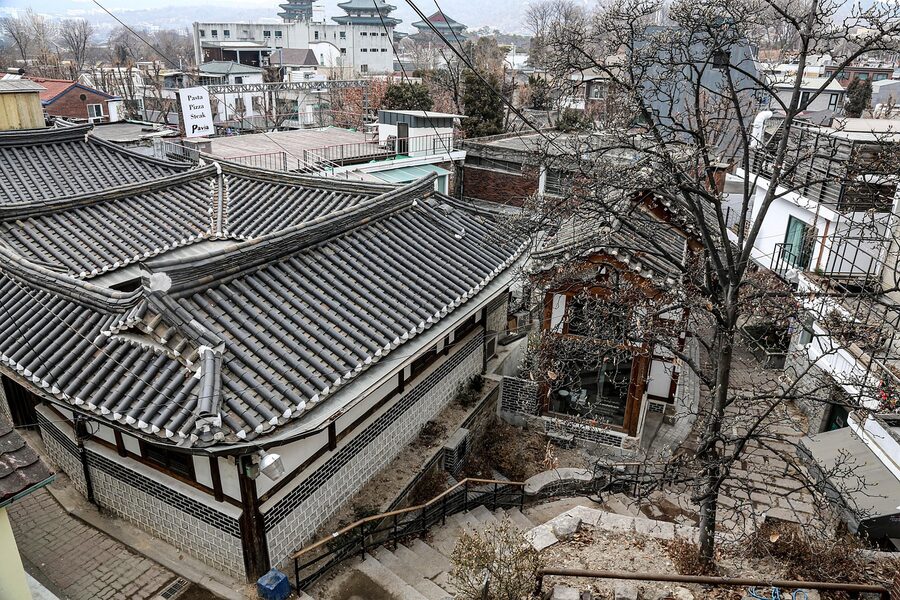 Traditional Korean hanok rooftops in Bukchon village seen from above
