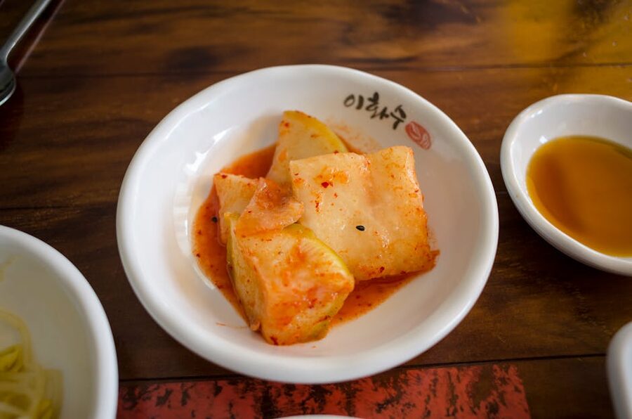 Cubed Korean radish kimchi kkakdugi served as a side dish
