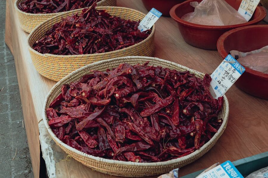 Baskets of dried red chilli peppers in a Seoul market