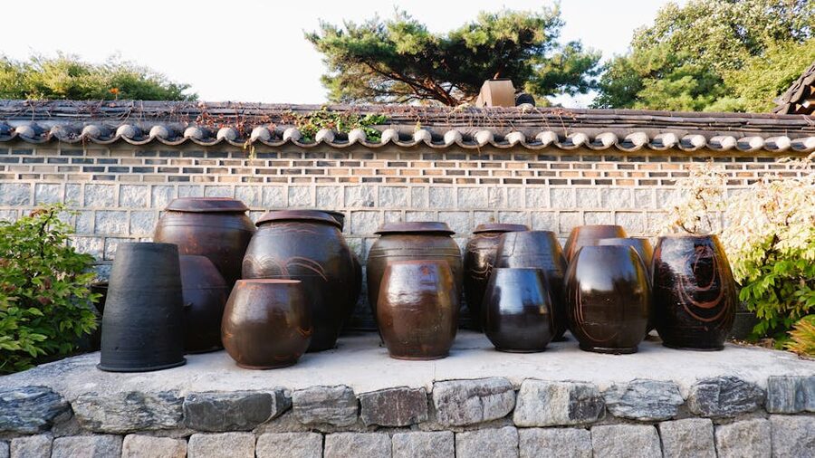 Traditional Korean onggi jars against a stone wall