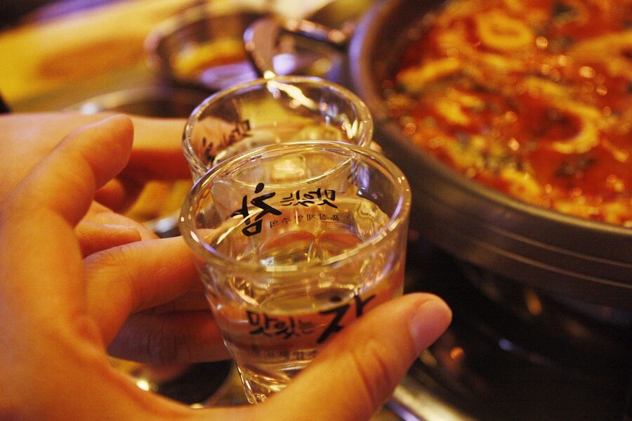 Korean drinking party with soju and stew