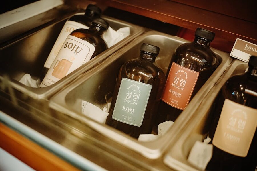 Korean flavored soju bottles on ice