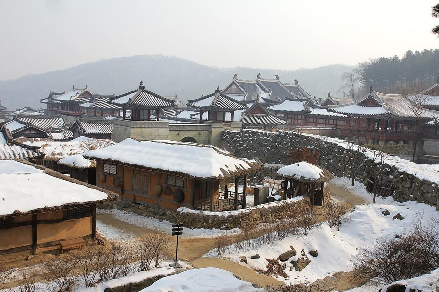 Korean traditional village in winter snow