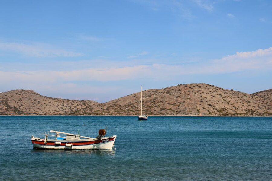 Aegean Sea fishing boats with Greek islands in background