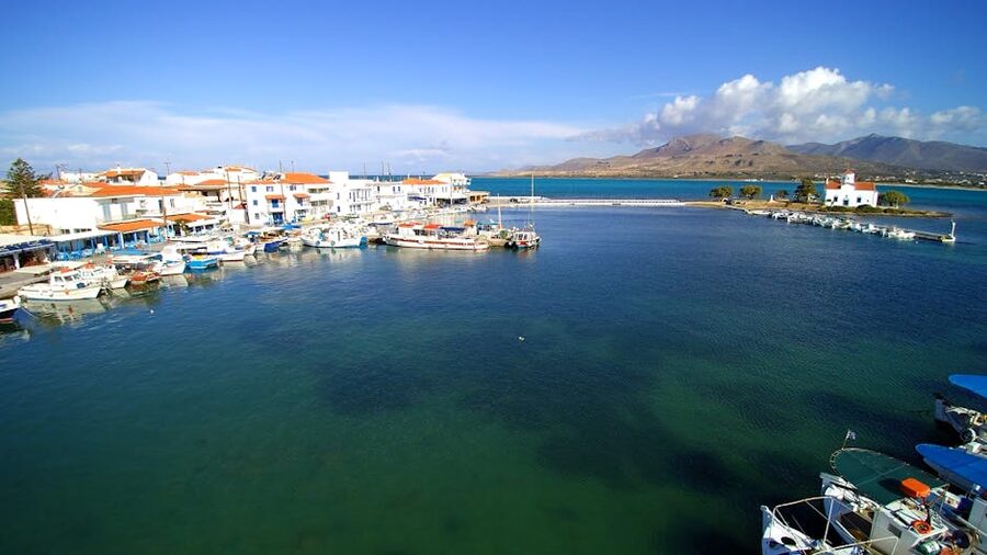 Aerial view of fishing boats and cruise vessels at a Kos dock