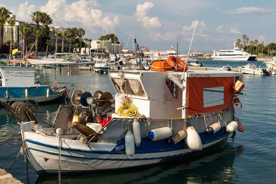 Kos harbour fishing boats waiting at the port for the 3-island day cruise