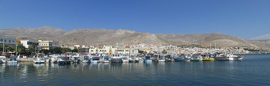 Kalymnos Pothia harbour and town panorama