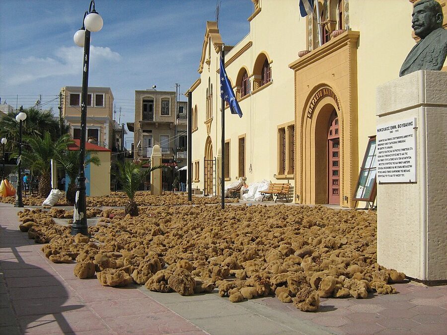 Sponges hanging in front of Eparcheio building Kalymnos