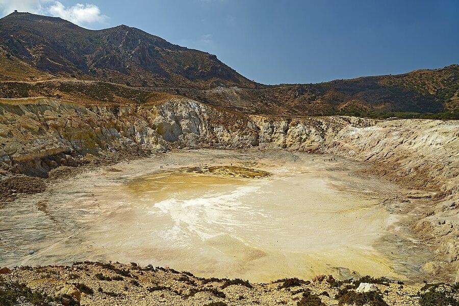 Walking inside Stefanos crater Nisyros volcano with visitors
