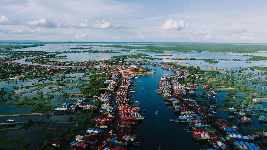 Aerial view of a floating village on Tonle Sap Lake Cambodia