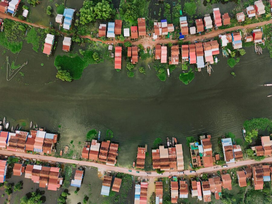Aerial view of stilt houses in a Cambodian floating village