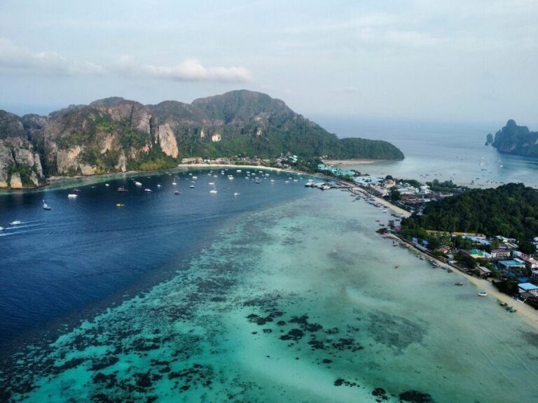 Stunning aerial view of Phi Phi Islands with turquoise water and green hills