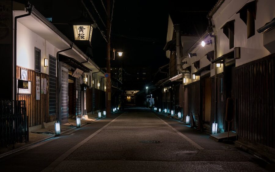 Kyoto alley at night with traditional lanterns