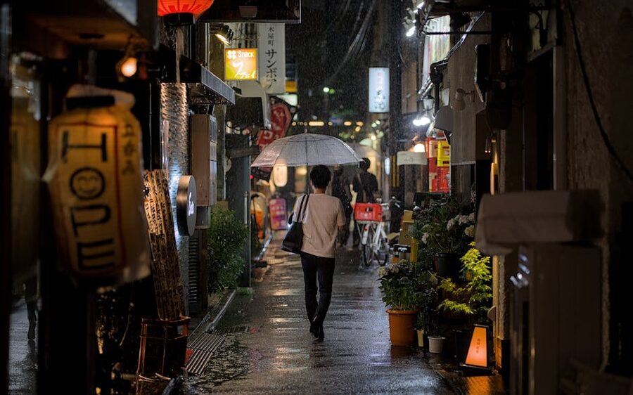 Person with umbrella in Kyoto alley at night